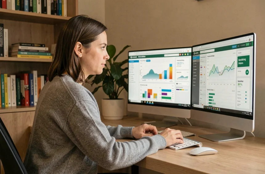 Femme entrepreneur analysant les revenus publicitaires d'un site de niche sur deux écrans dans un bureau à domicile moderne