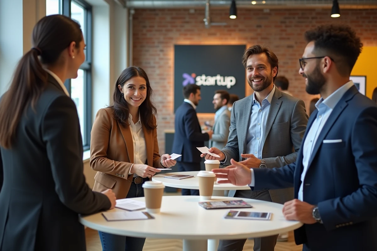 Un groupe d'entrepreneurs échange lors d'un événement de networking organisé par un réseau d'accompagnement à la création d'entreprise