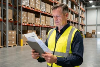 Responsable logistique Kühne Nagel inspectant des marchandises dans un entrepôt de distribution moderne