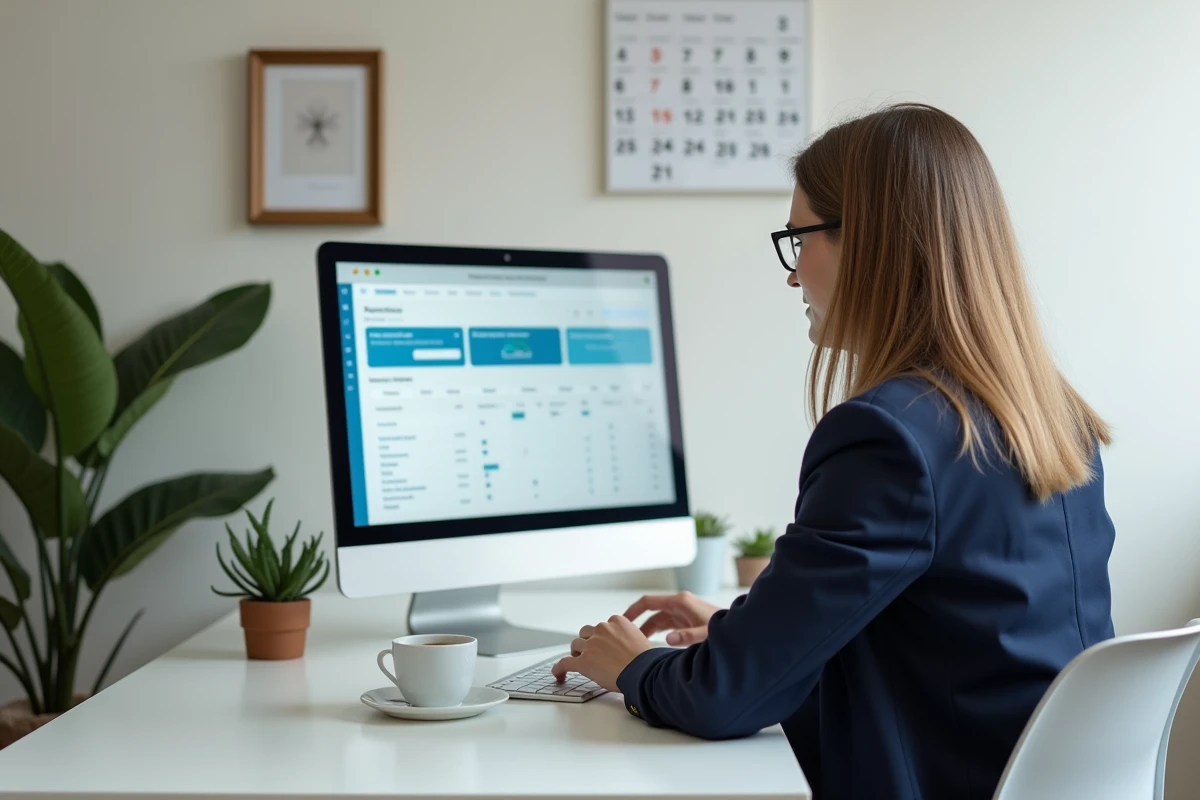 Femme responsable d'une petite structure paramétrant un outil de gestion de rendez-vous professionnels sur son ordinateur de bureau