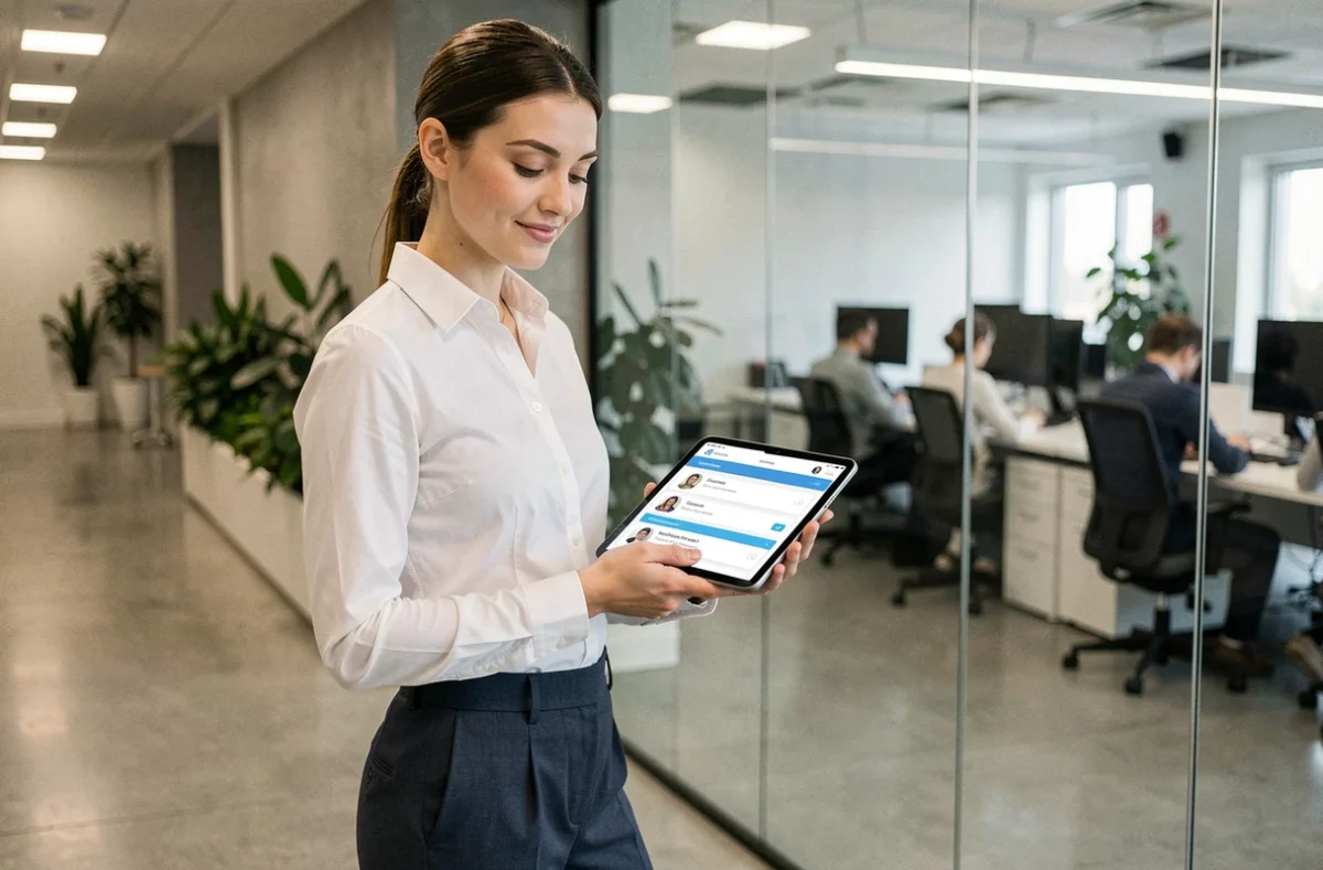 Responsable RH consultant une plateforme RH en ligne sur tablette dans un couloir d'entreprise moderne
