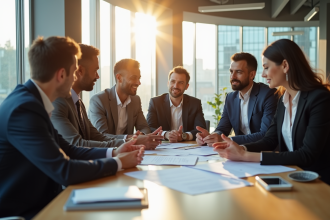 Groupe de professionnels discutant d'un contrat dans un bureau lumineux