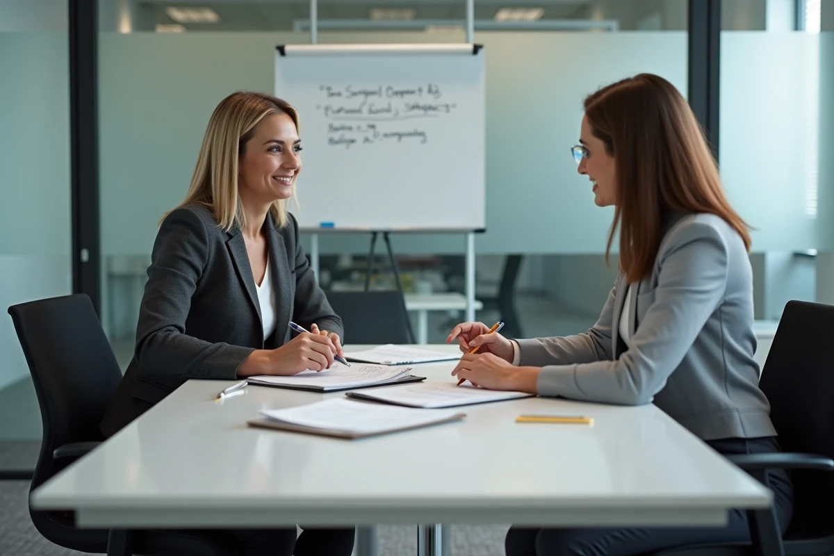 Femme entrepreneur en réunion avec un conseiller financier pour activer des aides à la micro-entreprise