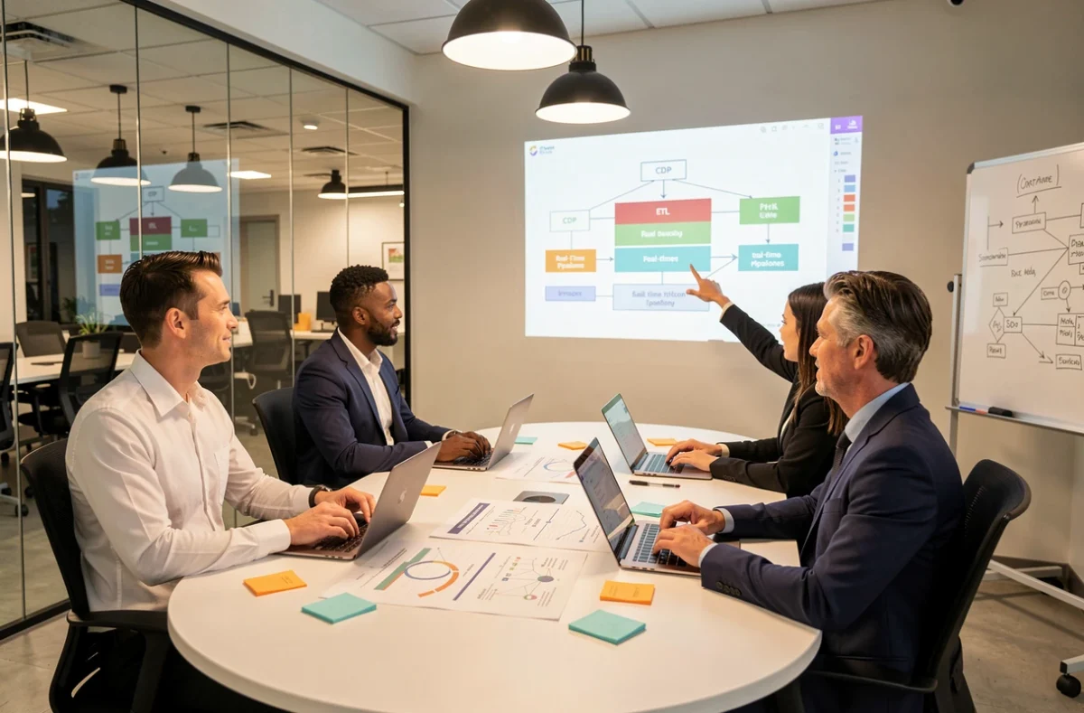 Équipe pluridisciplinaire en réunion stratégique autour d'une architecture data pour une conférence marketing Paris 2026