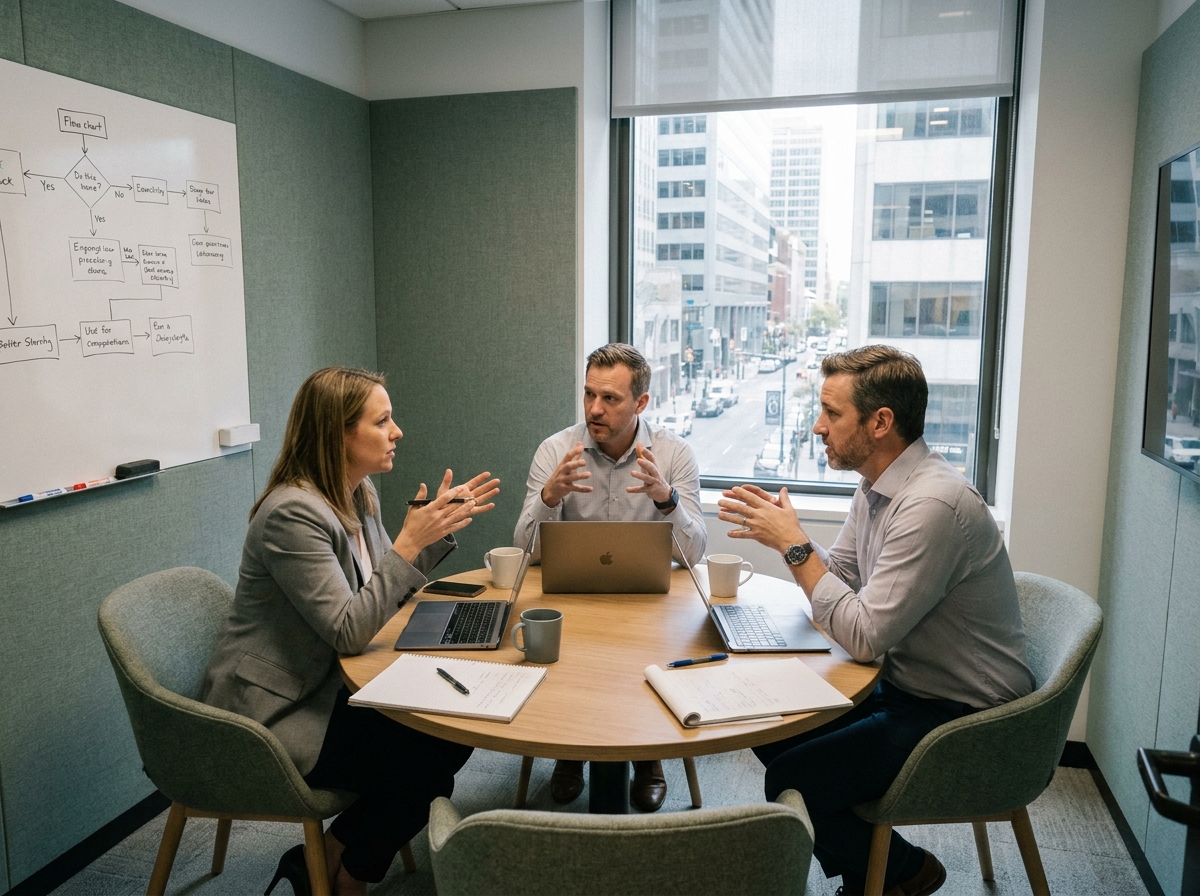 Petite équipe en réunion dans un bureau privatif acoustique avec vue sur la ville dans un centre d'affaires
