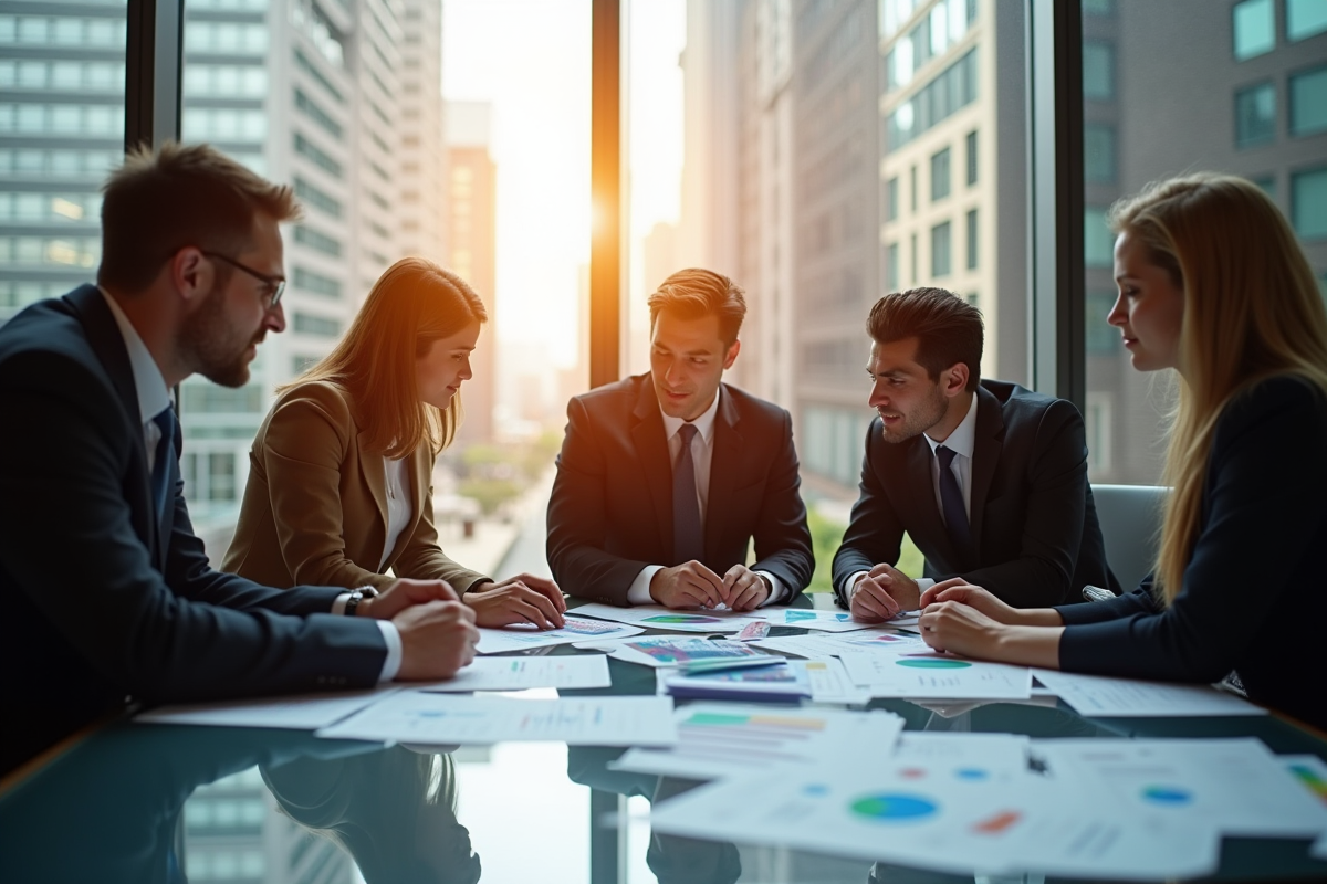 Groupe de professionnels analysant des rapports marketing imprimés
