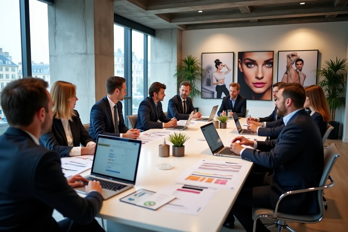 Réunion stratégique dans les bureaux modernes de L'Oréal avec des cadres analysant des données de marché et des produits cosmétiques