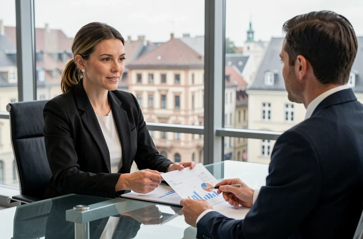 Consultante de RSM à Strasbourg présentant un rapport stratégique à un client dans un bureau donnant sur le Quartier européen