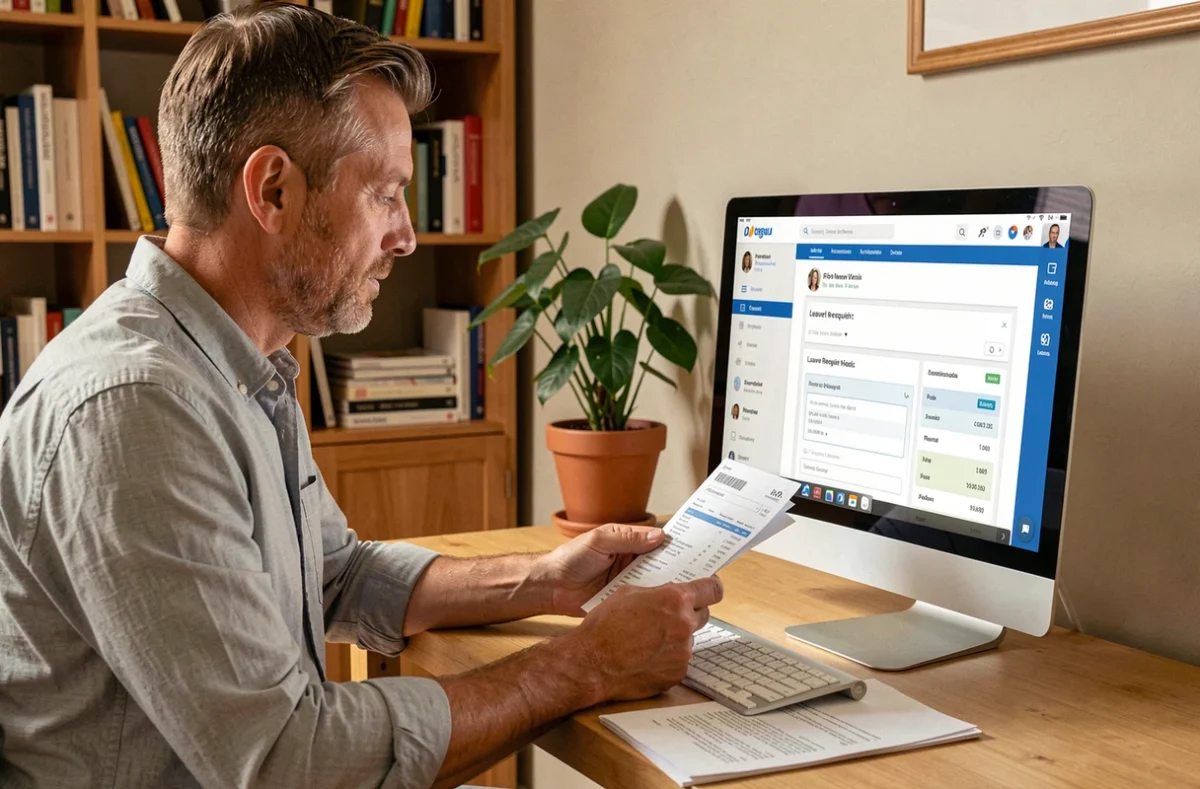 Salarié consultant son espace RH personnel depuis son bureau à domicile