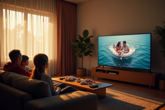 Salon avec grande TV et famille regardant la télévision