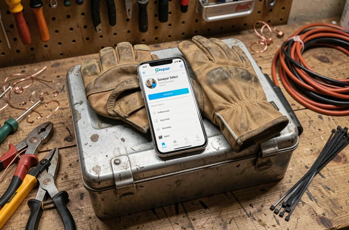 Smartphone affichant l'interface Sonepar Select posé sur une boîte à outils d'électricien avec matériel professionnel sur établi atelier