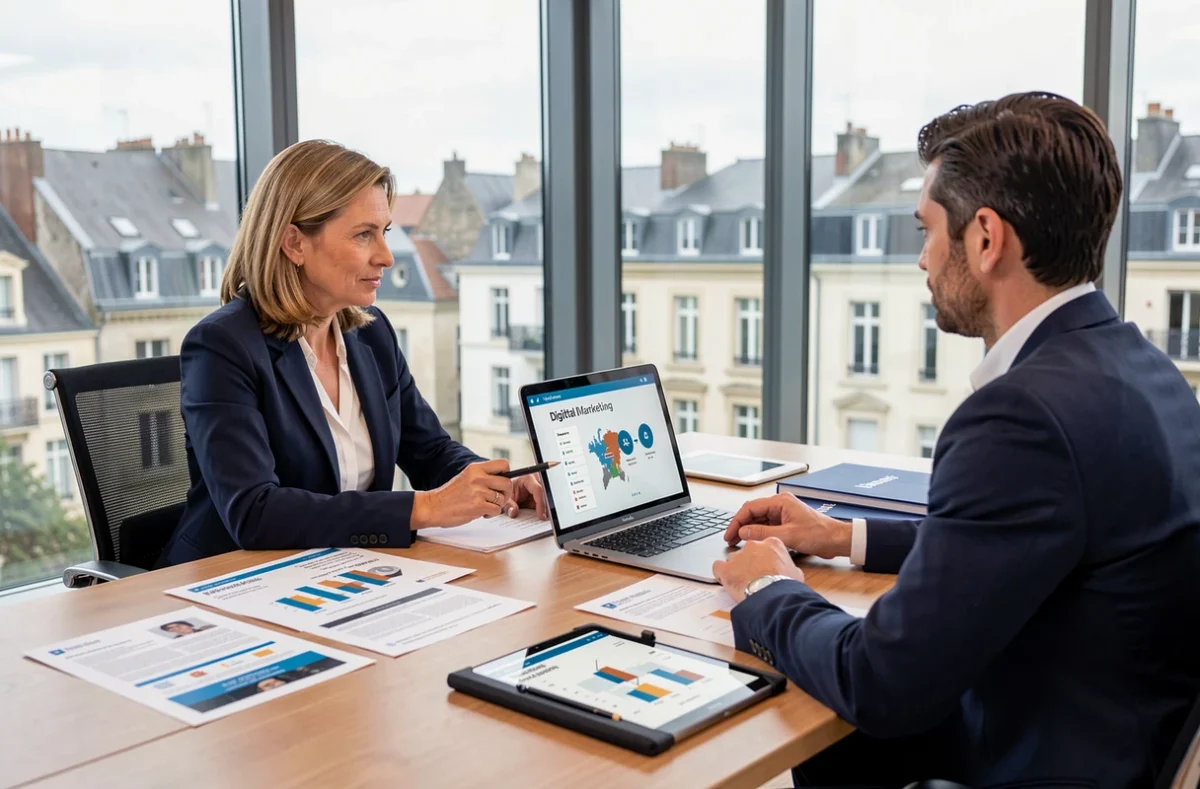 Consultante Solocal présentant une stratégie de marketing digital pour l'Eure-et-Loir