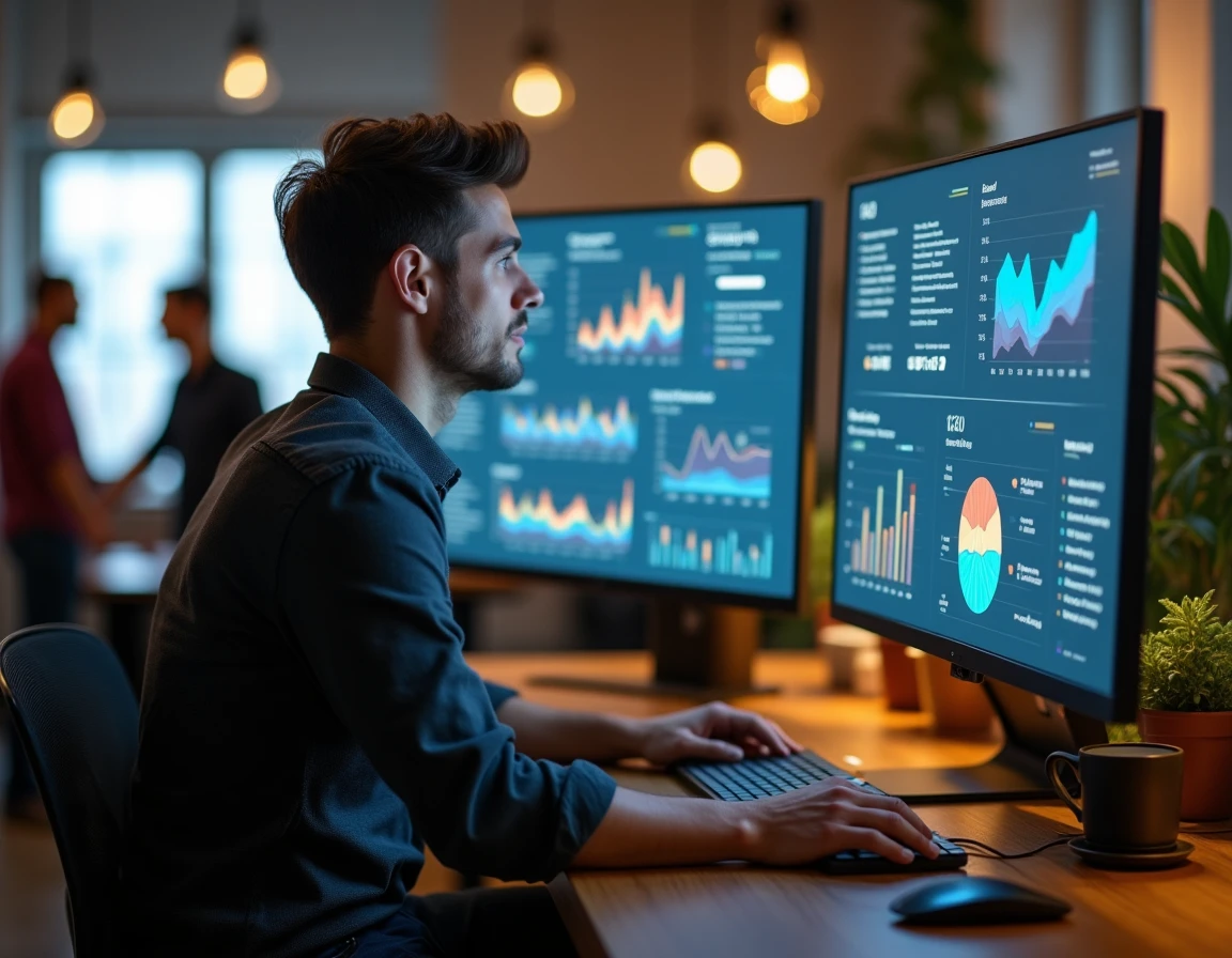 Stratège créatif analysant des indicateurs de performance de marque sur écran dans un espace de coworking