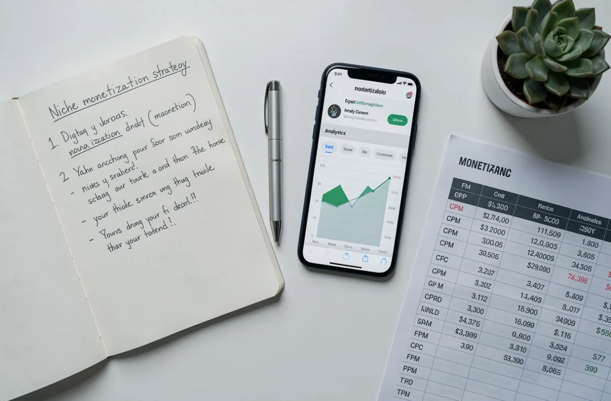 Vue aérienne d'un bureau avec notes manuscrites, graphiques analytiques et tableaux de revenus publicitaires pour site de niche