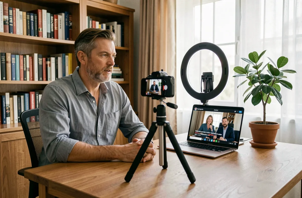 Homme enregistrant une vidéo pour les réseaux sociaux en réponse à une apparition télévisée depuis son bureau à domicile
