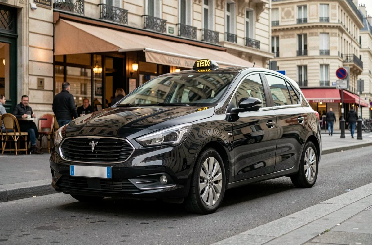 Taxi parisien stationné sur un boulevard haussmannien illustrant le coût d'une licence taxi à Paris
