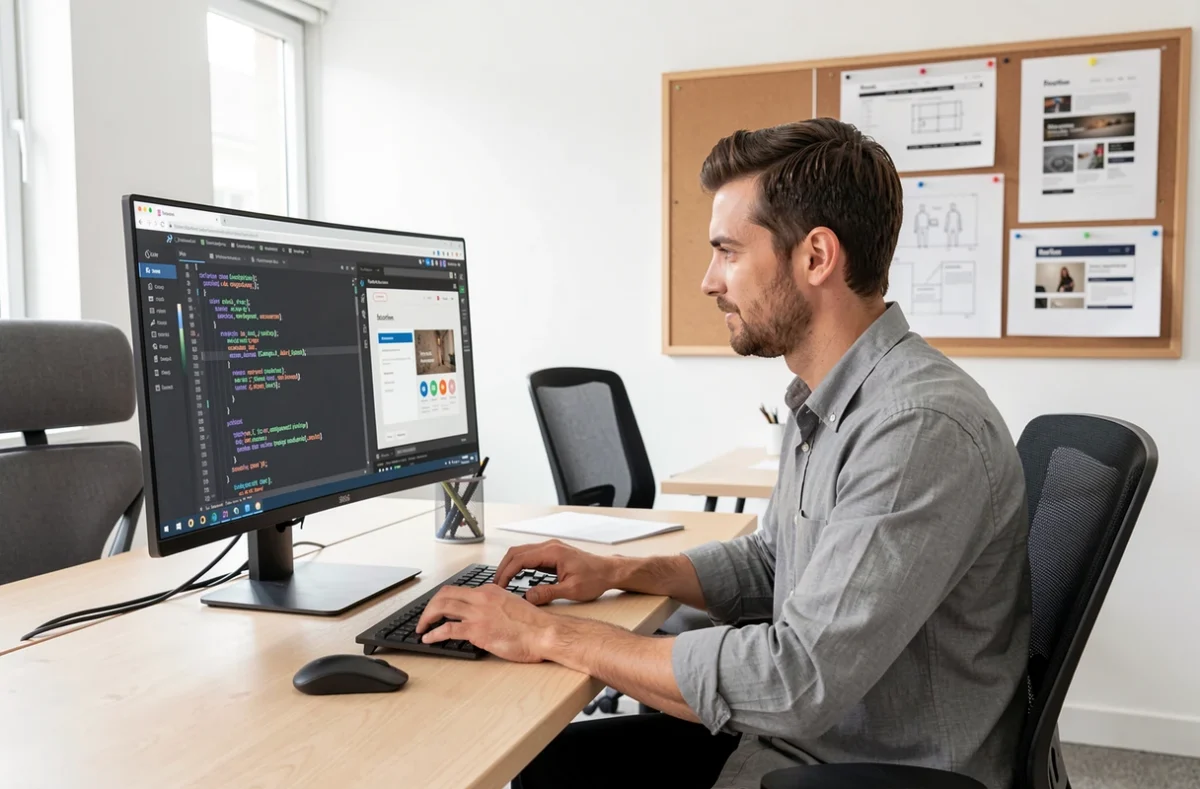 Développeur web de l'agence Technet dans le 95 codant un site web responsive sur un poste de travail moderne avec éditeur de code et prévisualisation