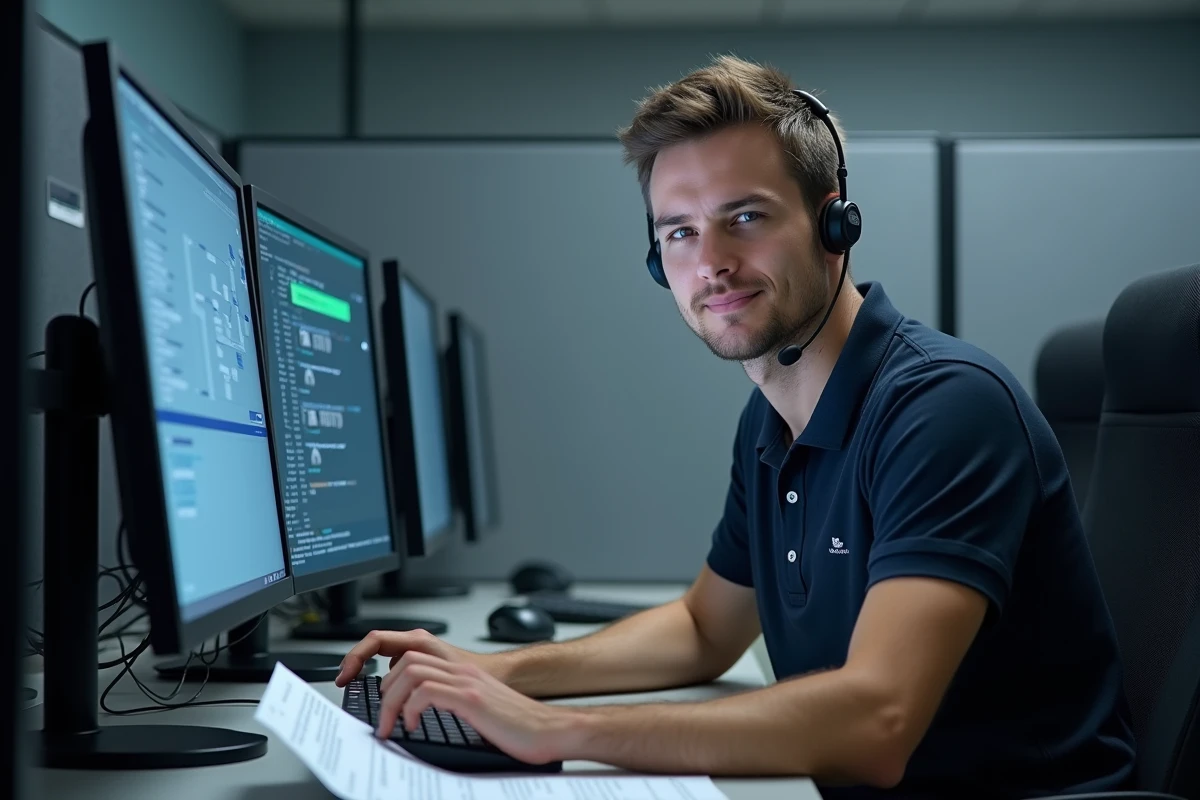 Technicien informatique résolvant des pannes de connexion sur un poste de travail multi-écrans dans un bureau de support technique