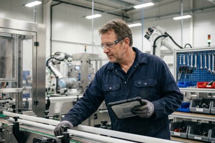 Technicien industriel inspectant une ligne de production moderne