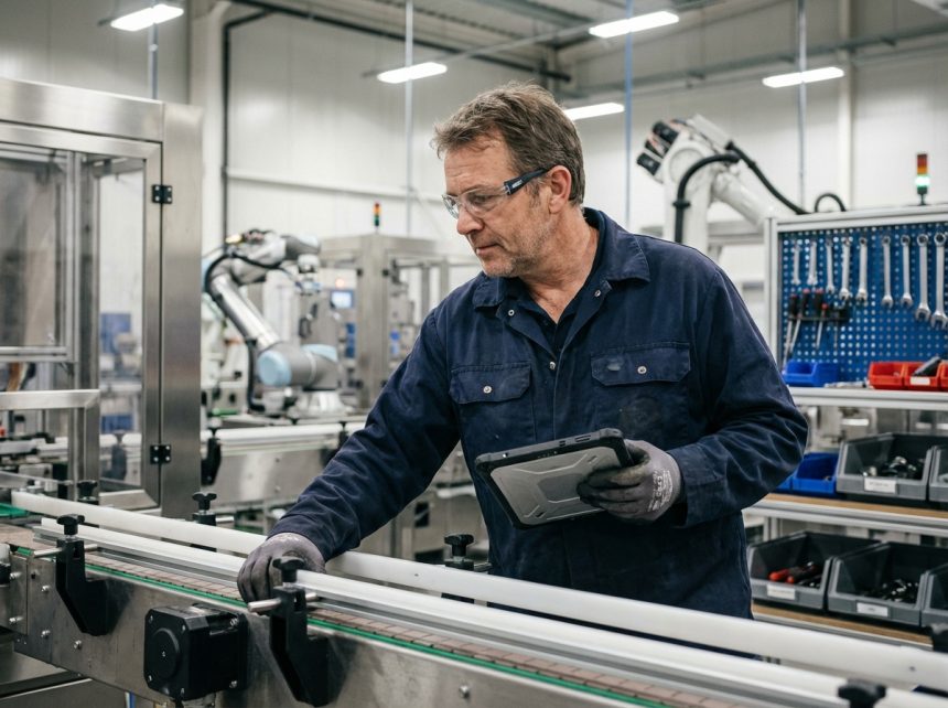 Technicien industriel inspectant une ligne de production moderne