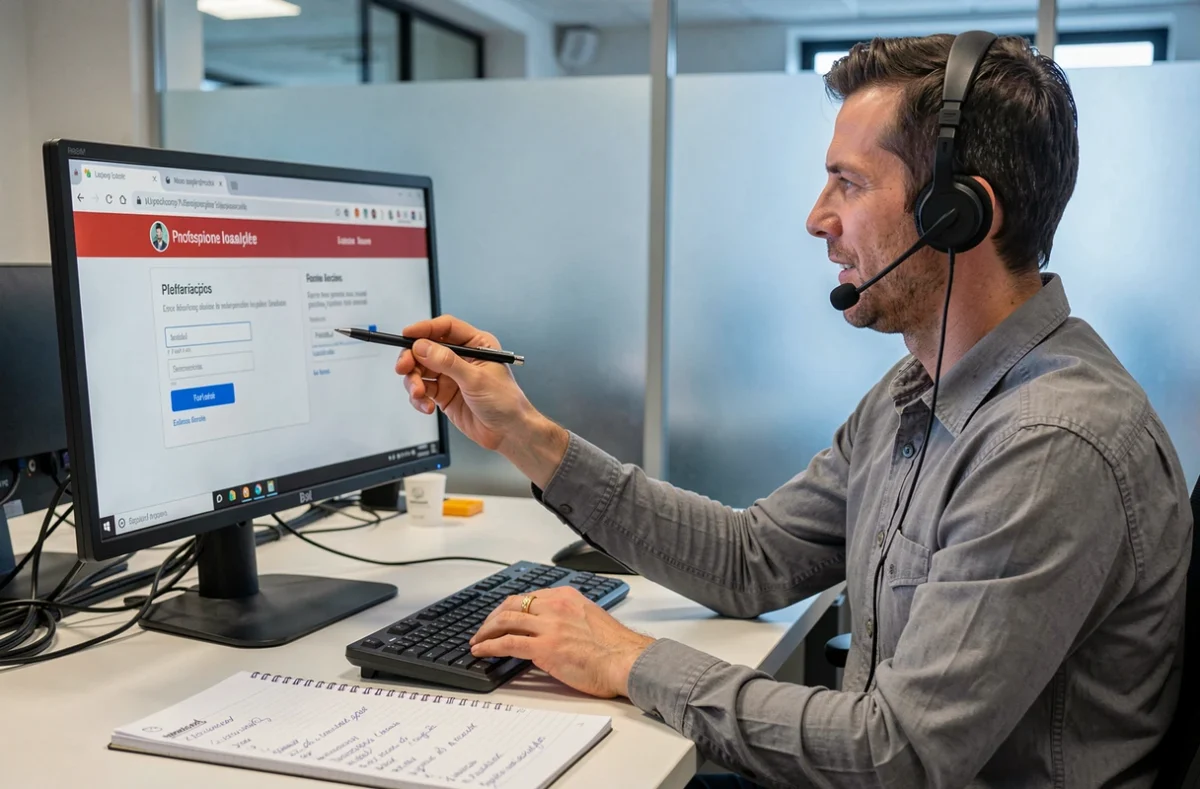 Technicien informatique aidant à résoudre un bug de connexion sur un portail artisan depuis un poste de travail professionnel