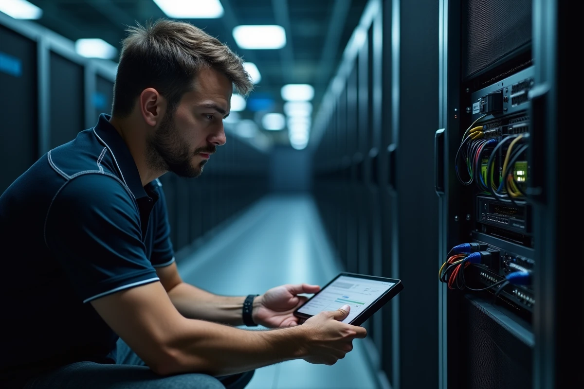 Technicien configurant un serveur pour le déploiement de WATERP dans une salle informatique d'entreprise
