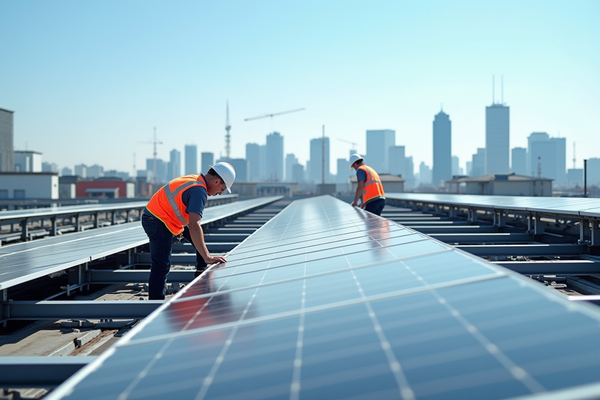 Toit industriel avec panneaux solaires et ouvriers inspectant l