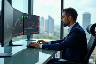 Trader homme en costume dans un bureau moderne avec écrans financiers