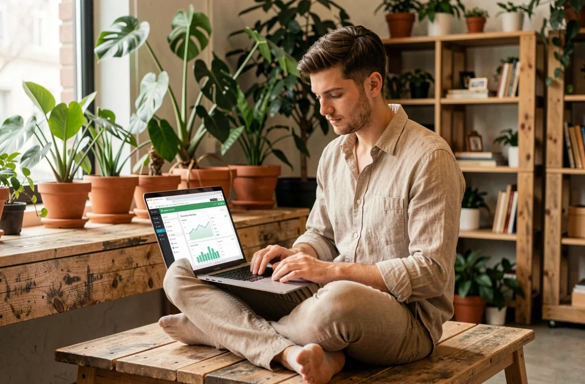 Consultant web de Useweb travaillant sur le SEO et l'éco-conception web dans un espace de coworking végétalisé