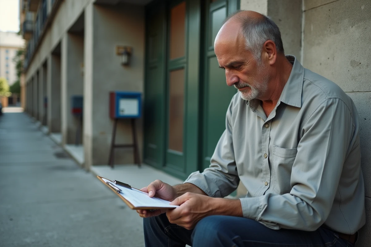 Vendeur en porte-à-porte fatigué assis sur des marches avec ses documents de travail