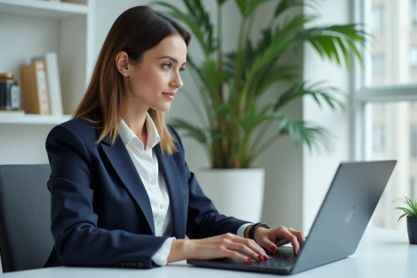 Femme professionnelle vérifiant l'immatriculation et le numéro SIRET d'une entreprise sur un ordinateur portable dans un bureau moderne