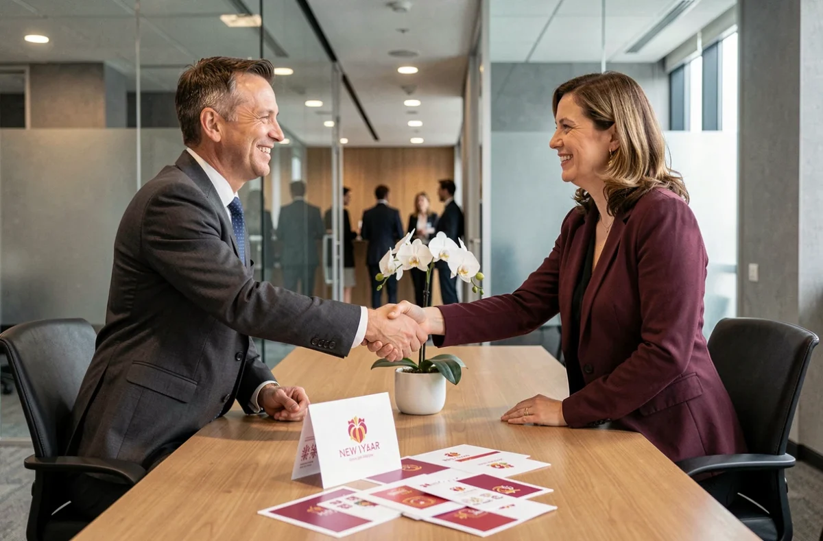 Deux professionnels échangeant des vœux de Nouvel An avec des cartes de fidélisation lors d'une réunion d'affaires, poignée de main chaleureuse symbolisant remerciements et partenariat durable