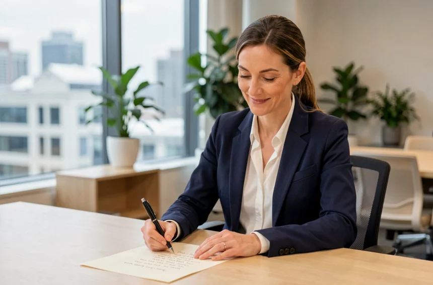 Femme professionnelle rédigeant des vœux de Nouvel An personnalisés sur papier élégant dans un bureau moderne, geste de remerciement et fidélisation client