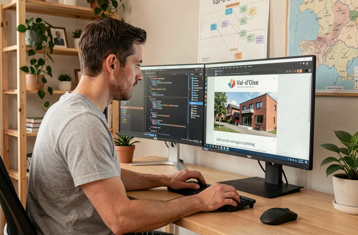 Développeur de Web95 Creation dans le Val-d'Oise codant un site internet pour une entreprise locale dans un studio de travail professionnel et chaleureux