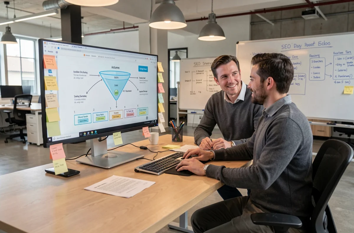 Équipe Wedig élaborant une stratégie digitale et d'acquisition SEO sur un tableau de planification dans leur agence