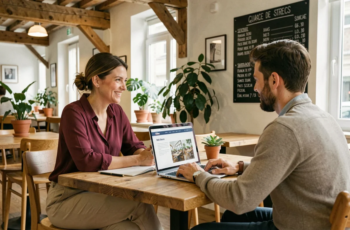 Consultante web de l'agence Youdemus Paris présentant une proposition de site web à une cliente indépendante